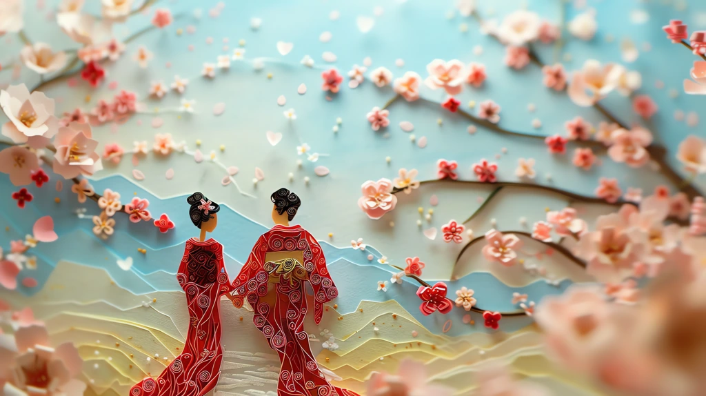 paper quilling a women in kimono and a man in ukata dress walking together desktop wallpaper 4k