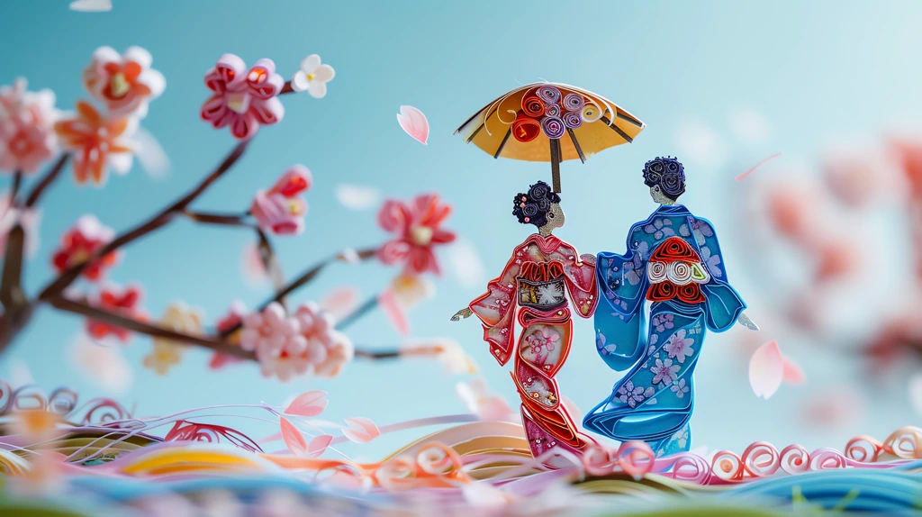 paper quilling kimono and a man in ukata dress walking together desktop wallpaper 4k