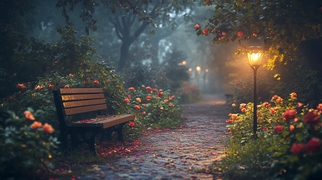 park benches and lamps fantasy tale desktop wallpaper 4k