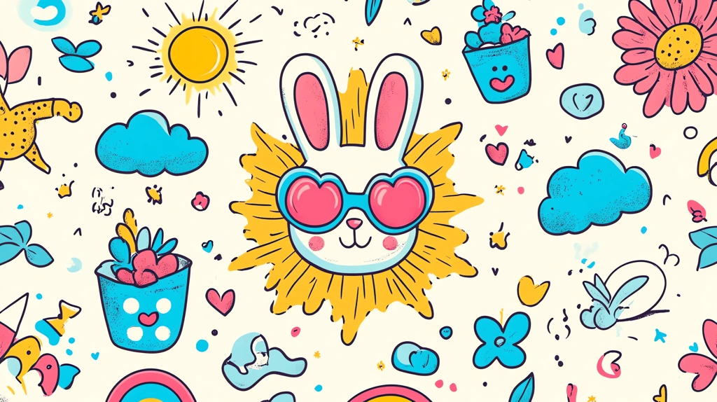 pattern of cute retro spring items including cute groovy kawaii bunnies desktop wallpaper 4k