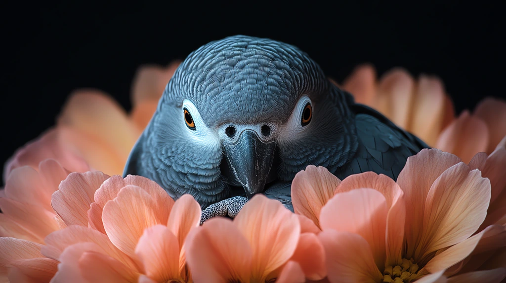 photo of an african grey parrot sleeping on a big flower desktop wallpaper 4k