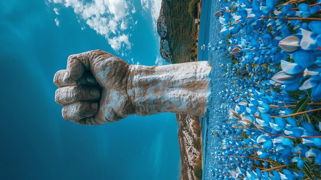 photo of big hand holding fist up statue blue flower phone wallpaper 4k