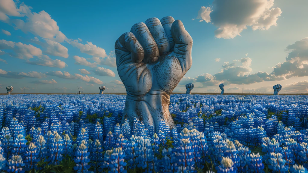 photo of big hand holding fist up statue the background is set with land full of blue flower desktop wallpaper 4k