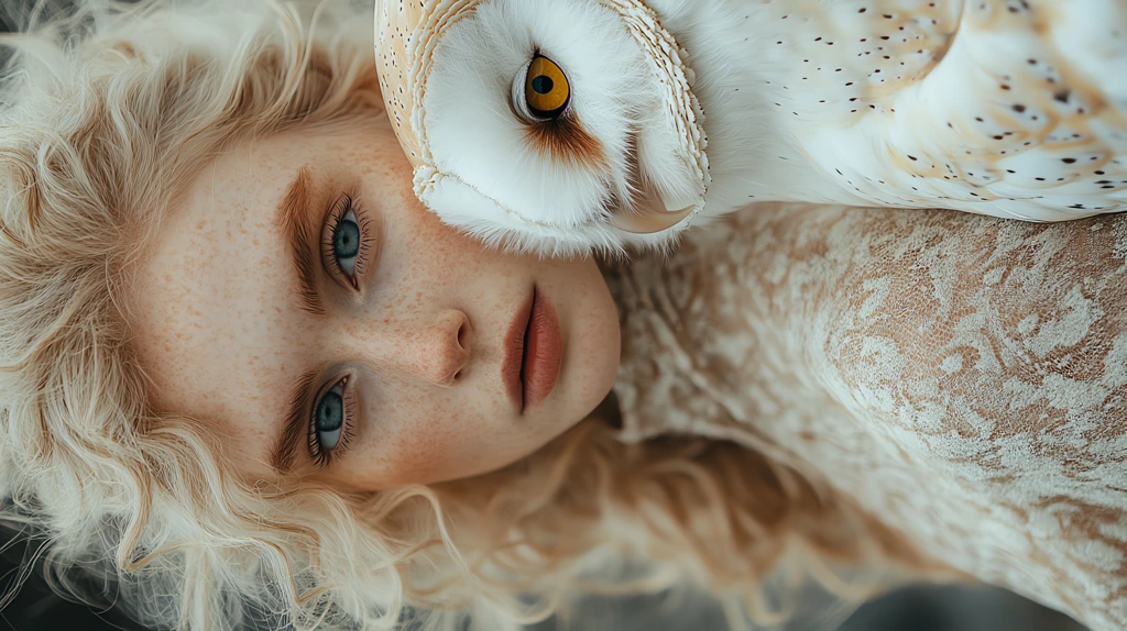 photo of the giant white owl and a women stand side by side phone wallpaper 4k