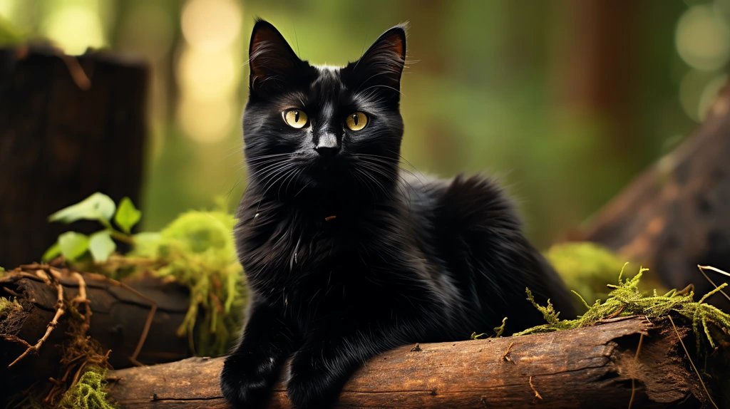 photo realistic black cat in a wood desktop wallpaper 4k