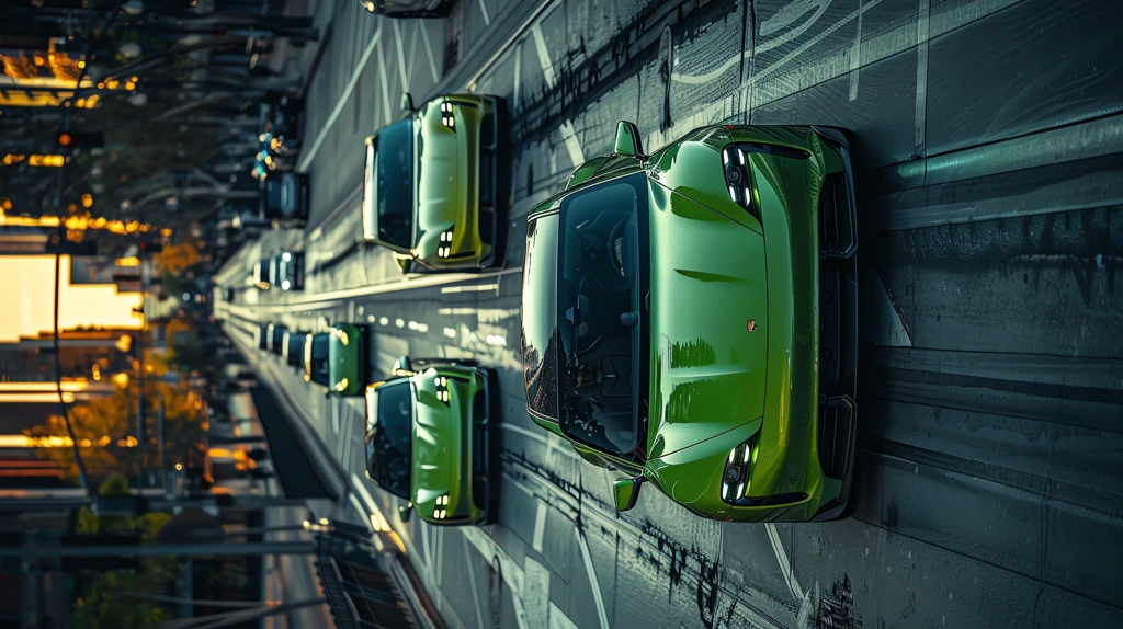 photograph of sleek vibrant green electric cars speeding across phone wallpaper 4k