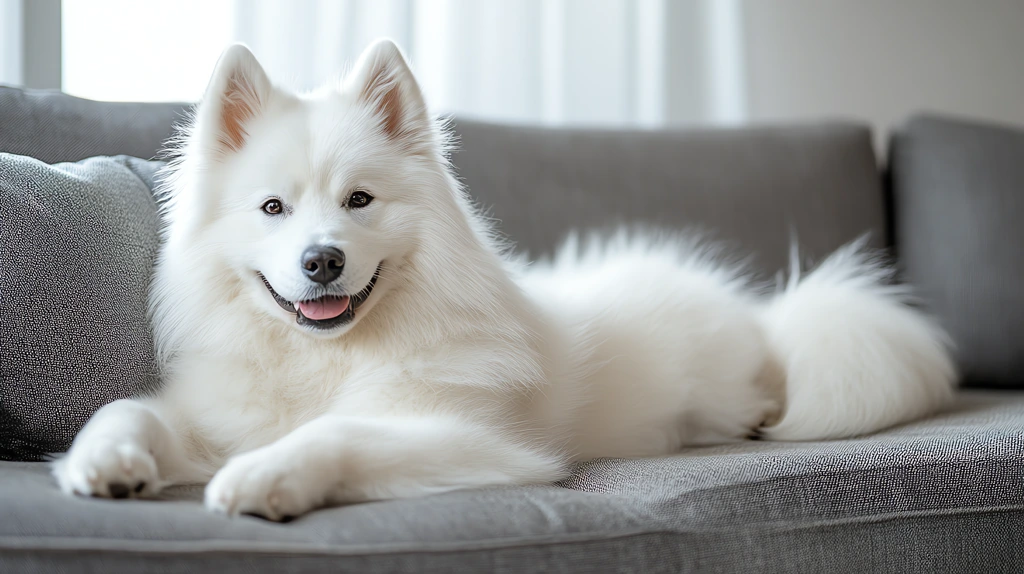 photographic image of a samoyed dog lying on the couch smiling at me desktop wallpaper 4k