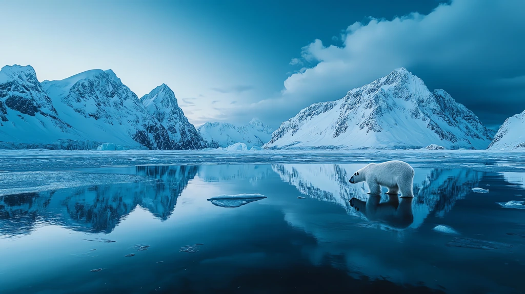 photography of a pristine iced lake reflecting towering snowy mountains with a polar bear desktop wallpaper 4k