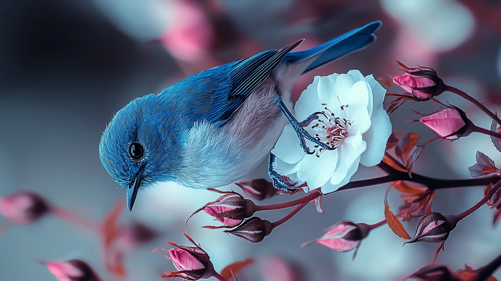 photorealistic closup of a blue and violett bird sitting on a white rose phone wallpaper 4k