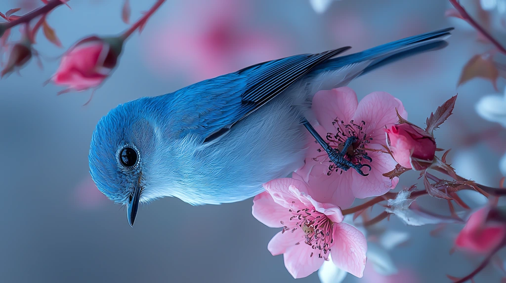 photorealistic closup of a blue and violett bird sitting on a white rose stretching his body phone wallpaper 4k