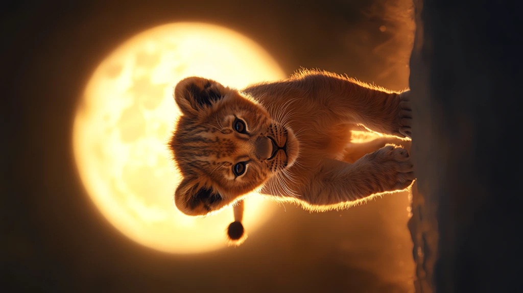 picture of a baby lion cub in front of a glowing full moon dark golden tones phone wallpaper 4k