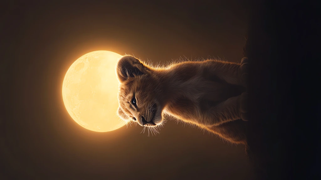 picture of a baby lion cub in front of a glowing full moon phone wallpaper 4k