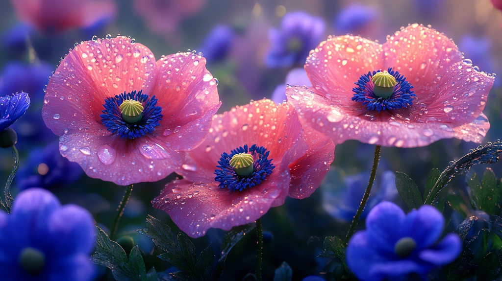 pink and blue garden flowers water droplets on petals green leaves desktop wallpaper 4k