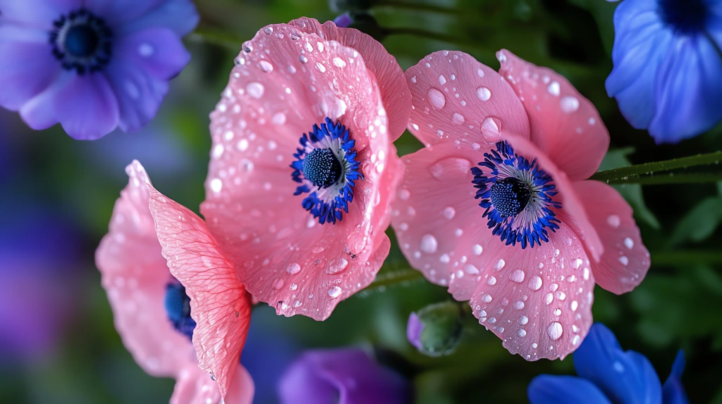 pink and blue garden flowers water droplets on petals phone wallpaper 4k