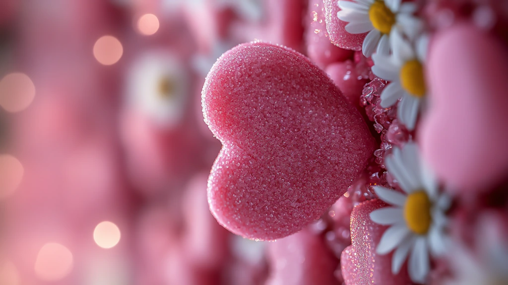 pink heart-shaped candies and small white daisies phone wallpaper 4k