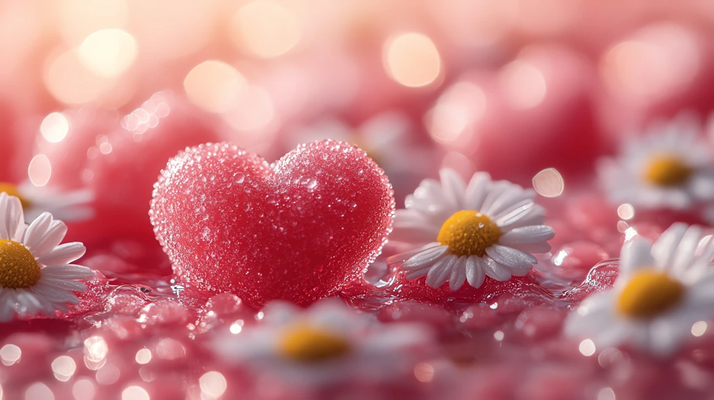 pink heart-shaped candies and small white daisies scattered on the ground desktop wallpaper 4k