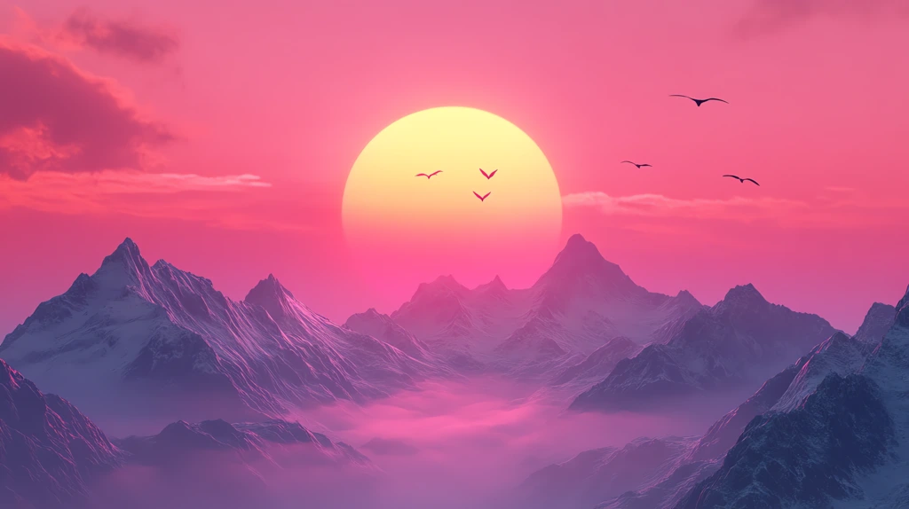 pink sun setting behind mountains birds flying in the sky desktop wallpaper 4k