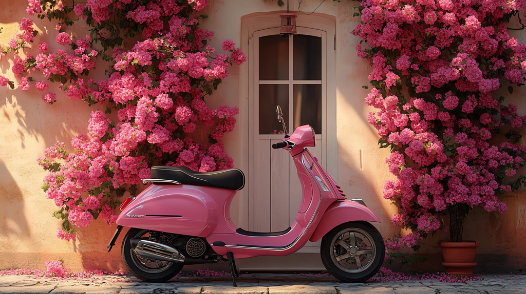 pink vespa scooter parked in front of a house version four desktop wallpaper 4k