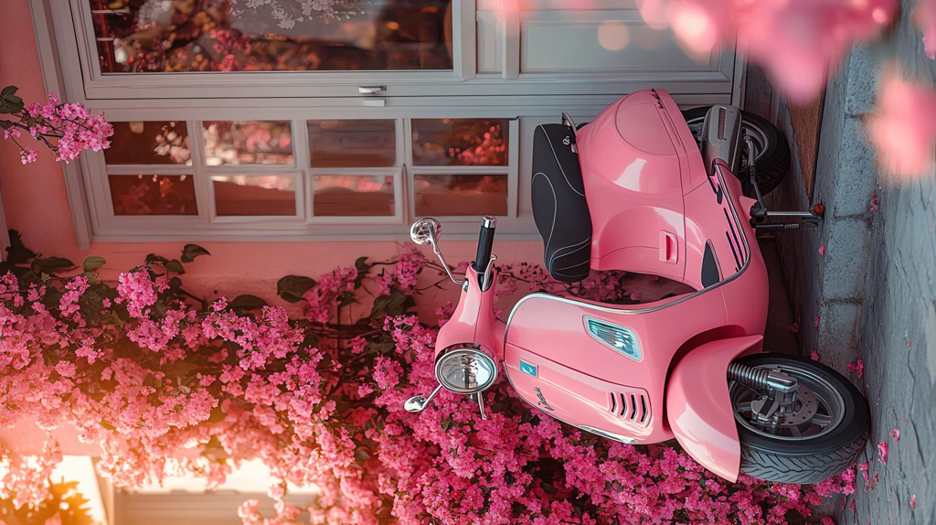 pink vespa scooter parked in front of a house version one phone wallpaper 4k