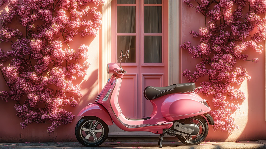 pink vespa scooter parked in front of a house version three desktop wallpaper 4k