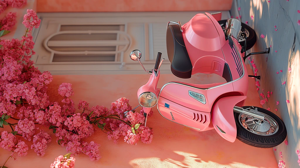 pink vespa scooter parked in front of a house version two phone wallpaper 4k