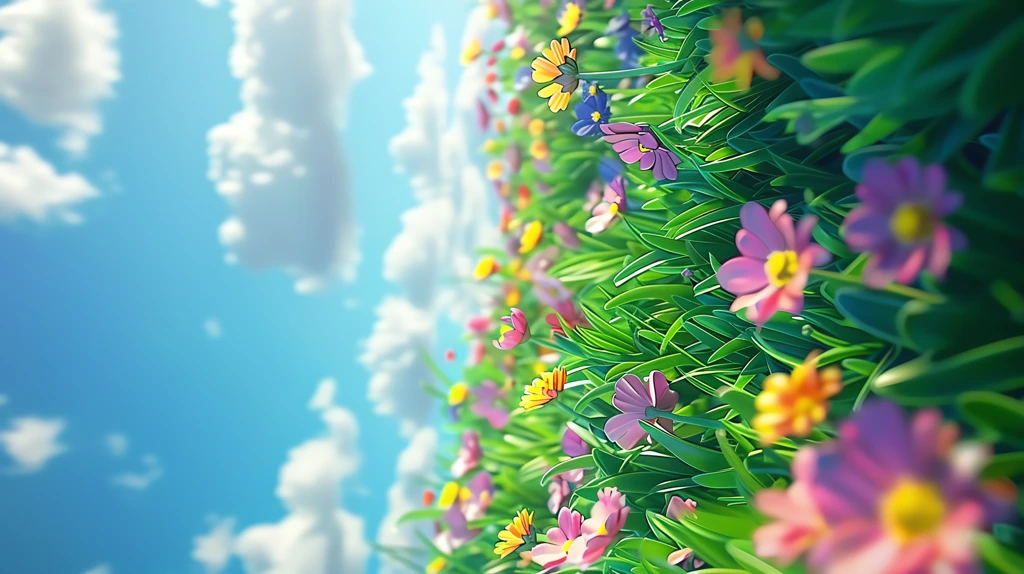 pixar style blue sky a few blooming flowers phone wallpaper 4k