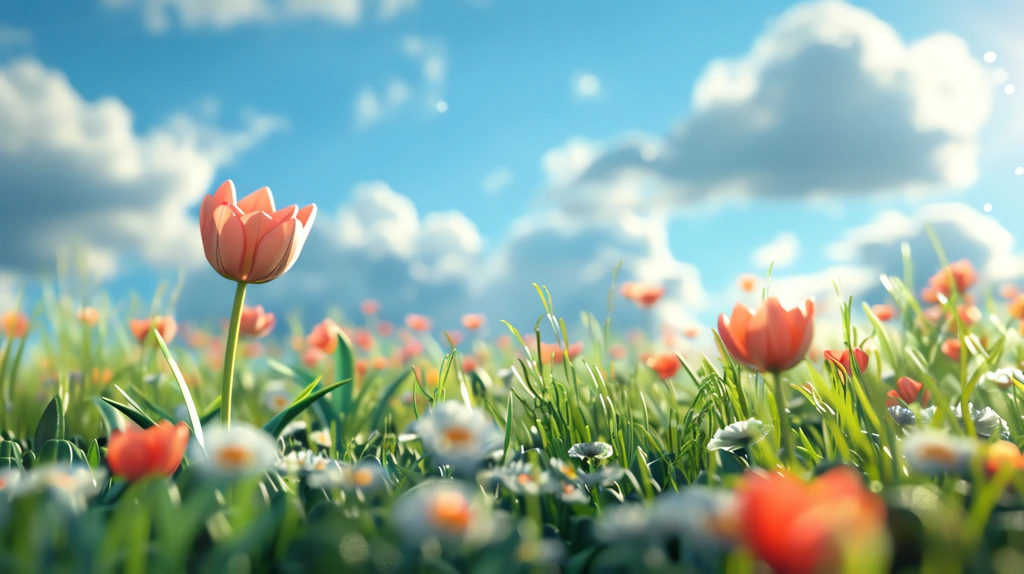 pixar style, spring scenery blue sky grass a few blooming flowers bright colors desktop wallpaper 4k