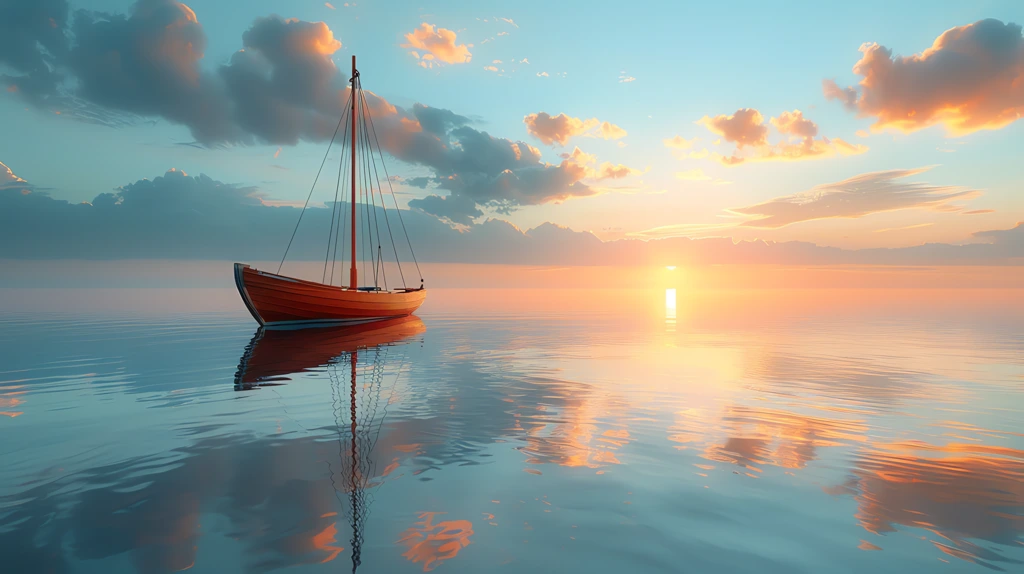 plan of the wooden sailboat in calm smooth surface with reflection early morning desktop wallpaper 4k
