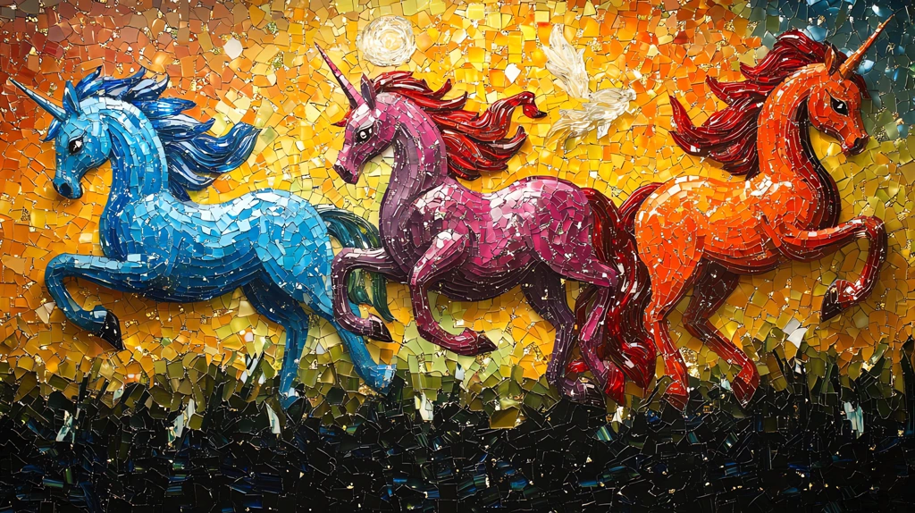 playful running unicorns glass mosaic version one desktop wallpaper 4k