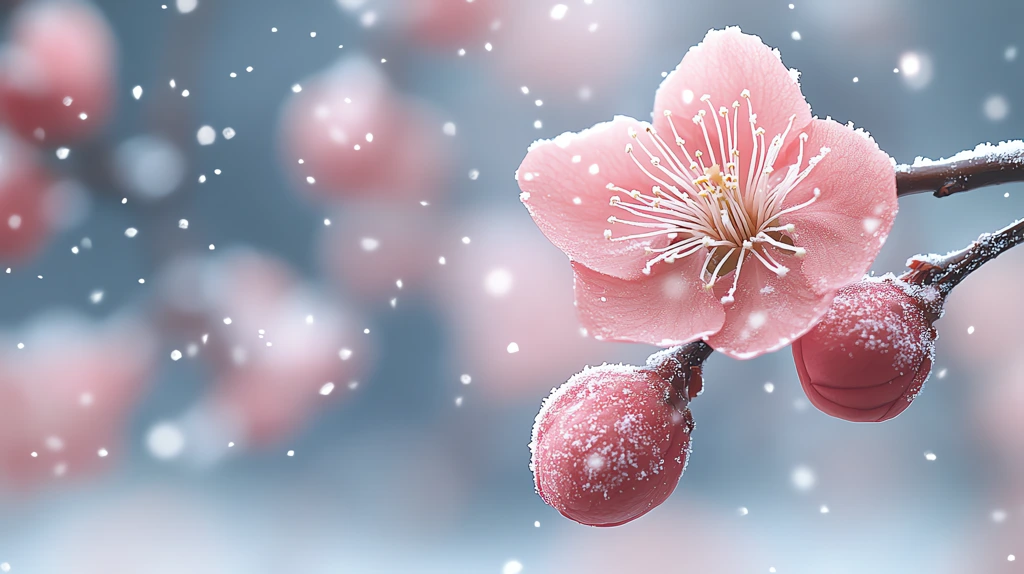 plum blossom blooming in the harsh winter snowflakes gently resting on the petals desktop wallpaper 4k