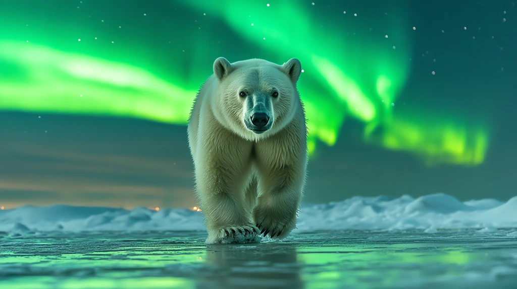 polar bear walking an icy beach at night under the northern lights desktop wallpaper 4k