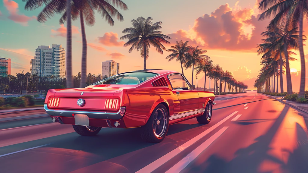 poly style there is a ford mustang car driving down the road in miami desktop wallpaper 4k