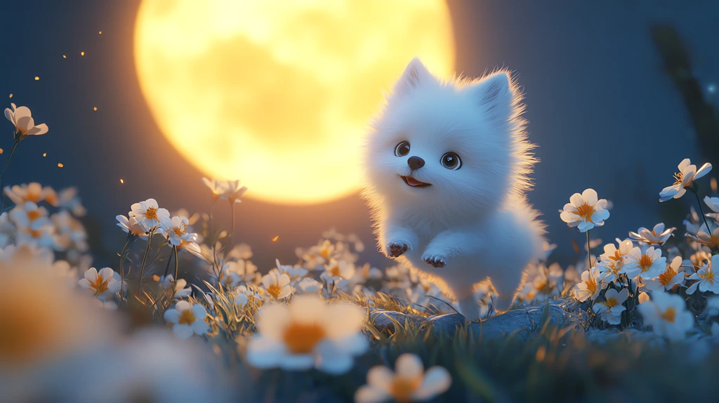 pomeranian dog running to big yellow moon on the top of mountain desktop wallpaper 4k