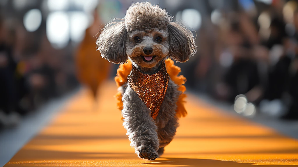 poodle wearing a dress and walking through a runway fashion week desktop wallpaper 4k