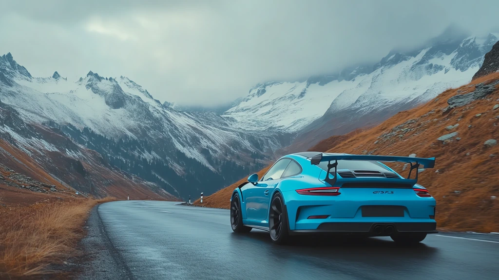 porsche 911 gt3 blue on a mountain road desktop wallpaper 4k