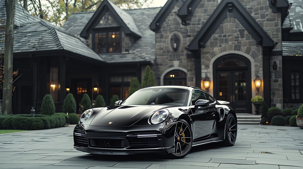 porsche 911 turbo s in front of black mansion desktop wallpaper 4k