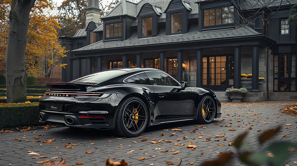 porsche 911 turbo s in front of black mansion outside desktop wallpaper 4k