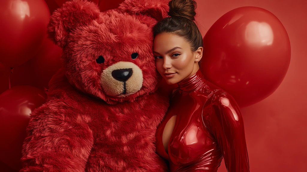 portrait of a fluffy furry red teddybear costume posing with a natural looking caucasian woman desktop wallpaper 4k