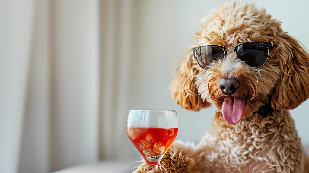 portrait of a goldendoodle wearing sunglasses and holding a glass desktop wallpaper 4k