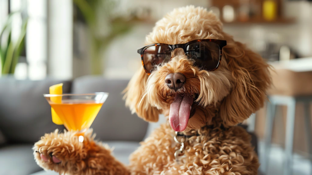 portrait of a goldendoodle wearing sunglasses desktop wallpaper 4k