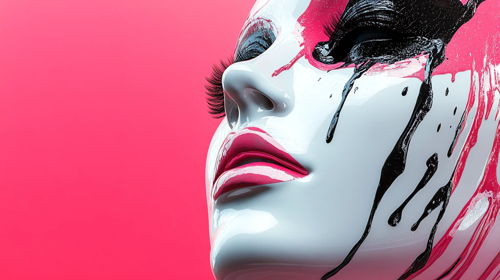 portrait of a white glossy porcelain face with pink and black gothic makeup desktop wallpaper 4k