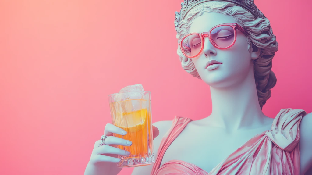 poster of greek goddess hera statue wearing glasses and holding a drink desktop wallpaper 4k