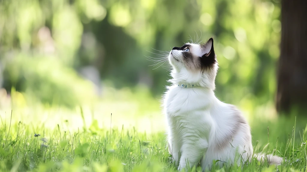 pretty and happy ragdoll cat in the grass looking up at tree desktop wallpaper 4k