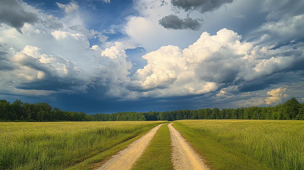 puffy clouds over the country road desktop wallpaper 4k