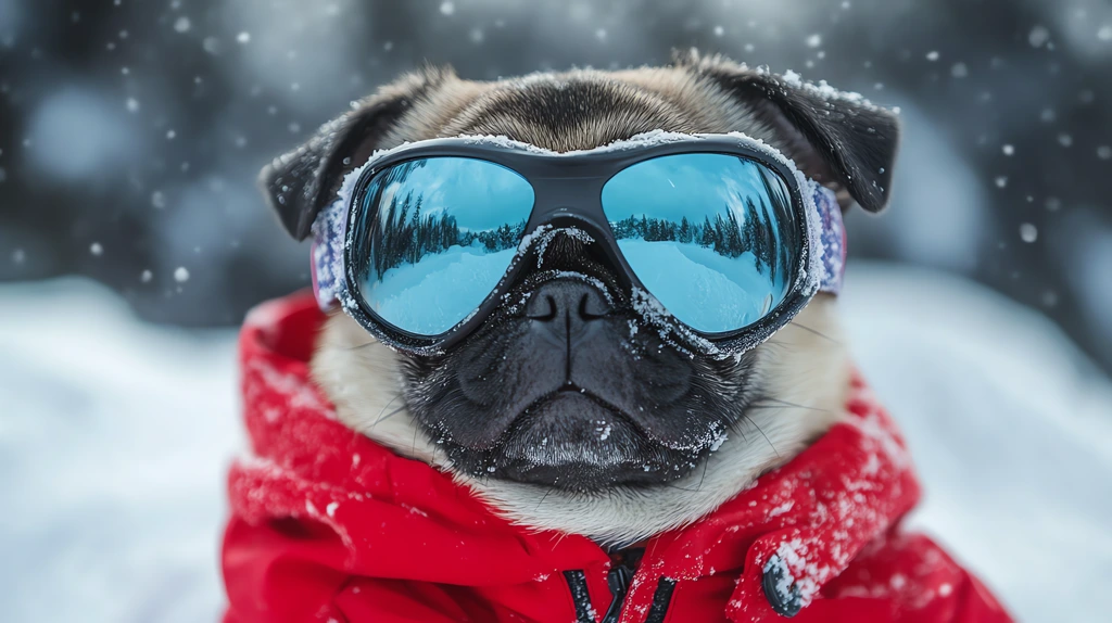 pug in cool snowboarding glasses in clothes pug happy desktop wallpaper 4k