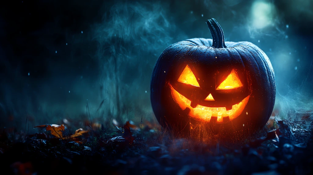 pumpkin with a glowing face against a dark desktop wallpaper 4k