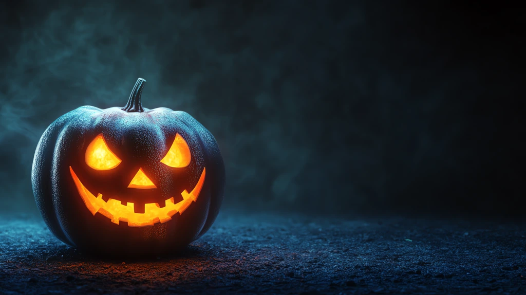 pumpkin with a glowing face against a dark halloween desktop wallpaper 4k