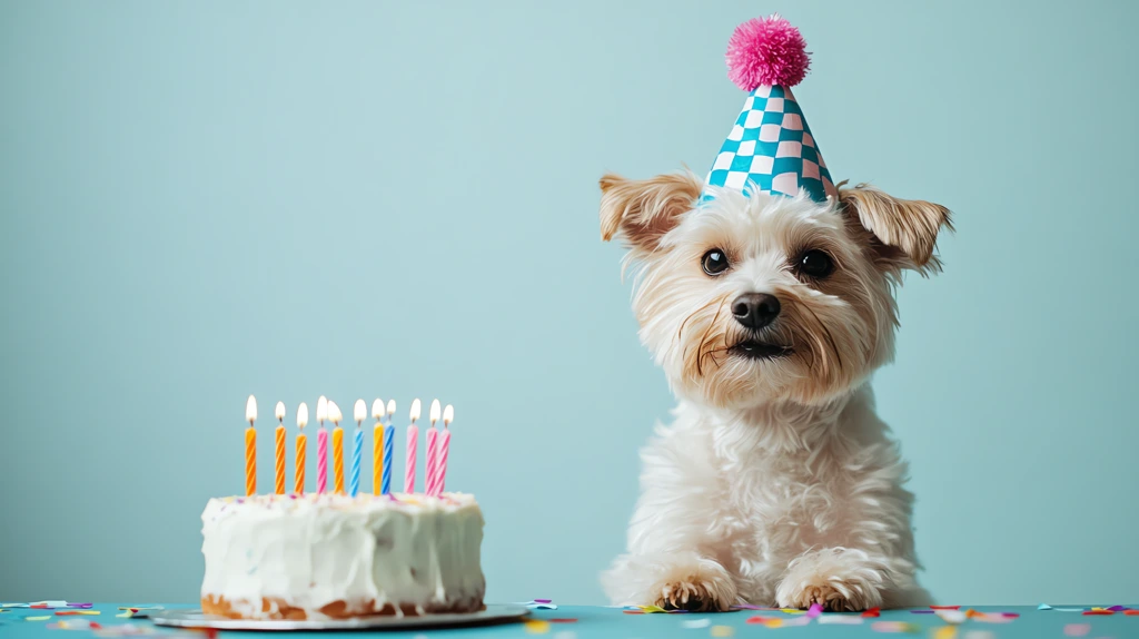 pup birthday bash a small fluffy dog with white fur sits at a table desktop wallpaper 4k