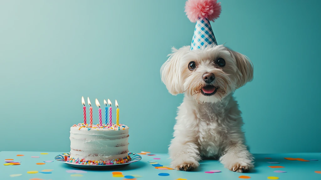 pup birthday bash a small fluffy dog with white fur sits at a table wearing a colorful party hat desktop wallpaper 4k