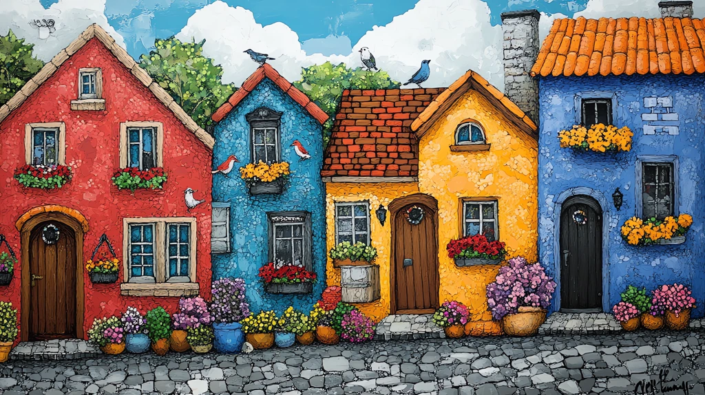 quaint cobblestone street lined with colorful houses version four desktop wallpaper 4k